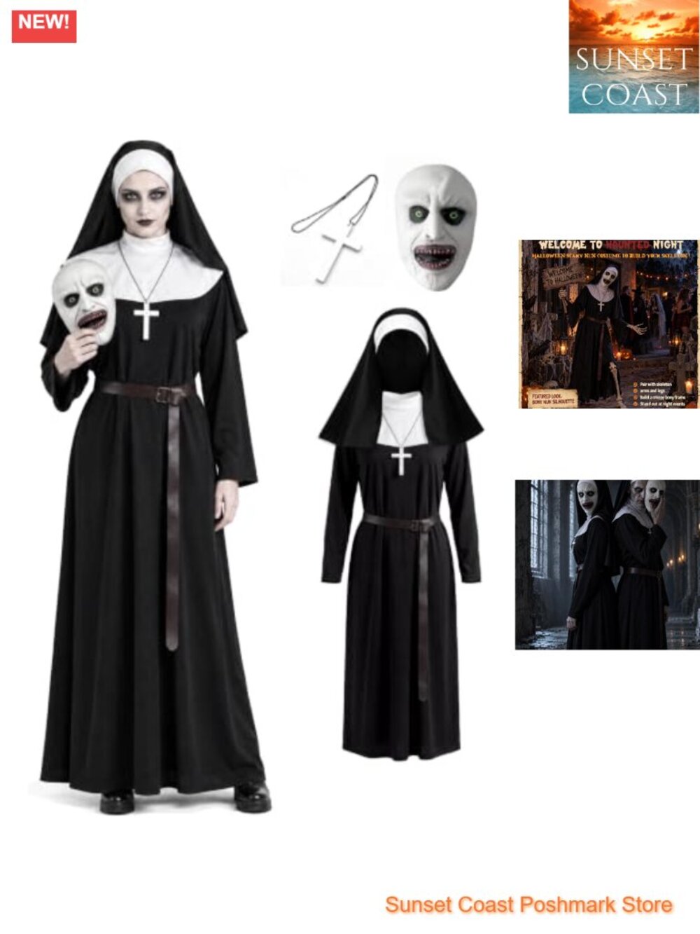Scary Nun Halloween Costume Women Unisex Robe Mask Cross Belt